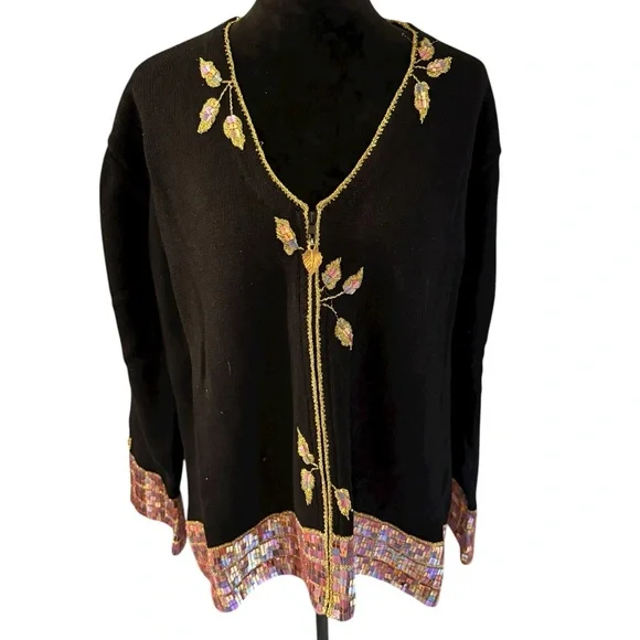 Storybook Knits Black Cardigan with Sequins Leaves - Picture 3 of 6